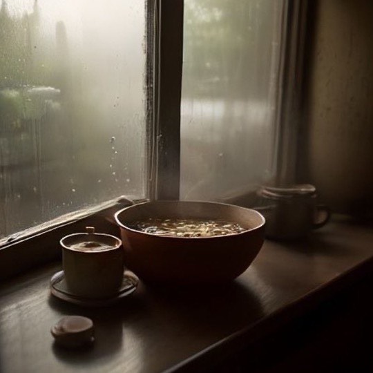 A bowl of misal steaming on a dark windowsill beside a glass of chai, rain on the window behind.