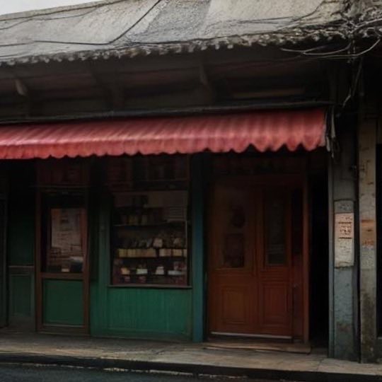 A small eatery's shopfront with a red awning and green shutters on a wet street.